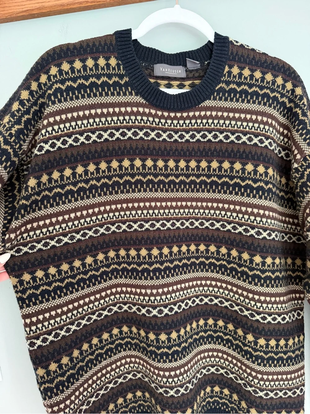 VTG Van Heusen Neutral Fair Isle Western Knit Crew Neck Grandpa Sweater